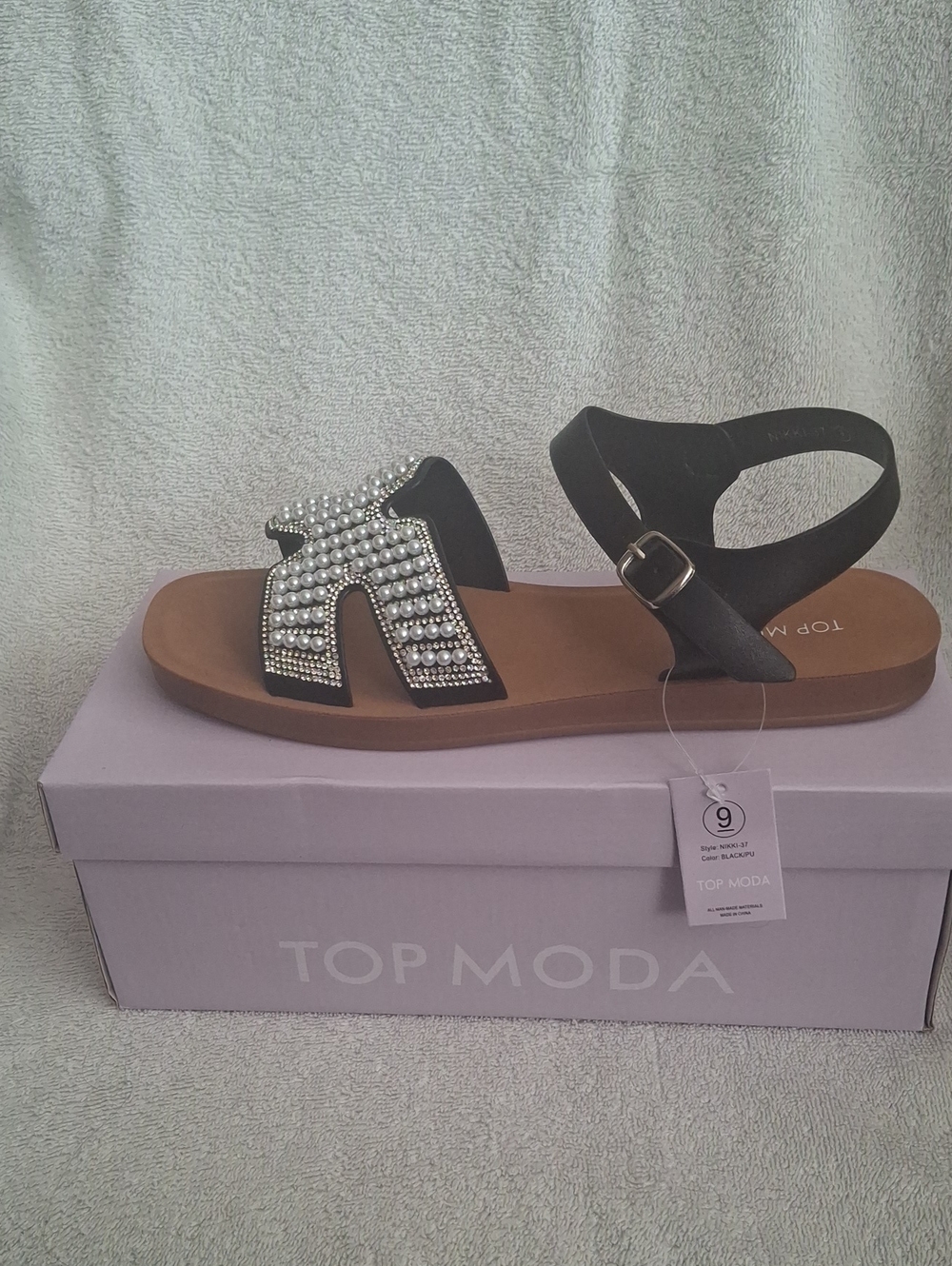TOP Moda Black Pearl & Rhinestone Ankle Strap Sandals